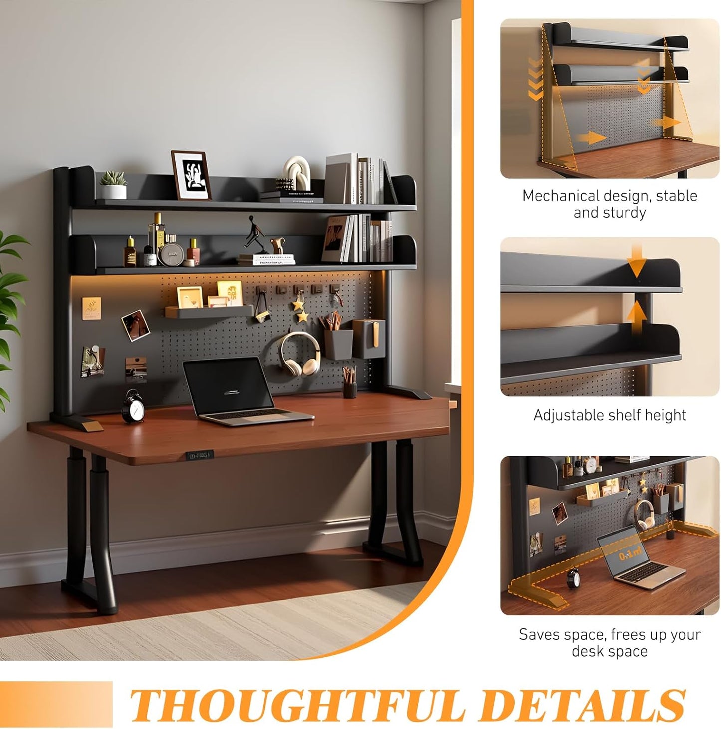 Desk Organizer Shelf for Standing Desk – Metal Frame Desk Hutch with Pegboard, Storage Shelf, and Hooks, Space-Saving Desktop Organizer for Home Office & Workstation Yellow 31.5 * 9.3 * 15in