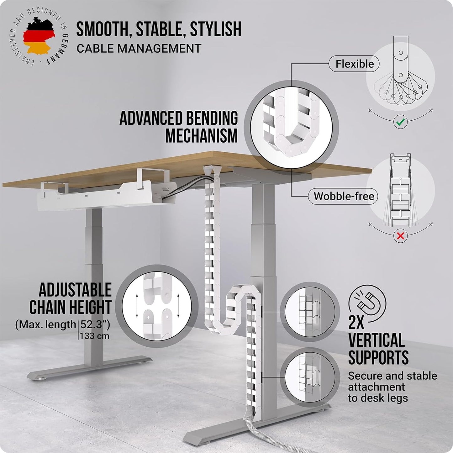 Under Desk Cable Management vertebrae – Perfect for sit Stand Desk Cable Management - Wire Management - Adjustable Length - Flexible Cable Spine - Chain Raceway Cable Management (White)