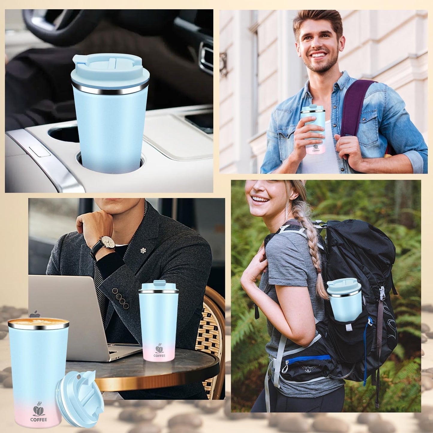 Insulated Travel Coffee Mug Reusable Coffee Tumbler Cup with Flip Lid Leak Proof Spill Proof for Office School Party Camping Hot and Cold Drink,Stainless Steel 17oz (Light Blue)