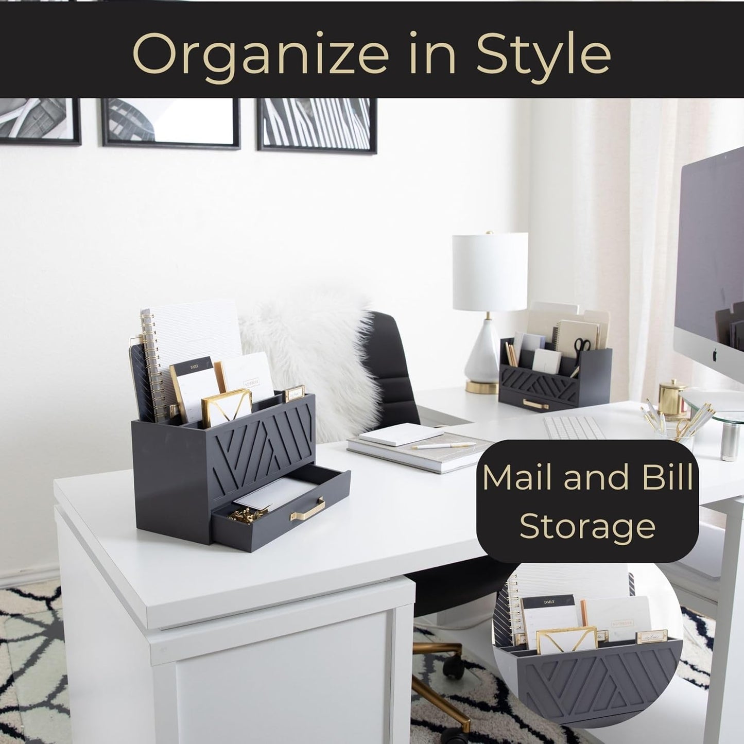 BLU MONACO Grey Desktop Mail Organizer – Three-Tiered with Gold Label Holders and Drawer – Stylish Mail Holder and Countertop Document Storage for Home or Office