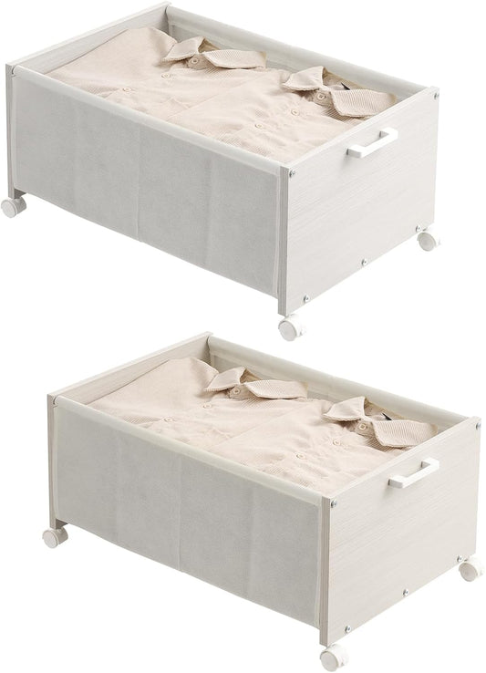 Under Bed Storage with Wheels, Wooden Under Bed Drawers On Wheels, Rolling Under Bed Shoe Storage, Space Saving,White,70L