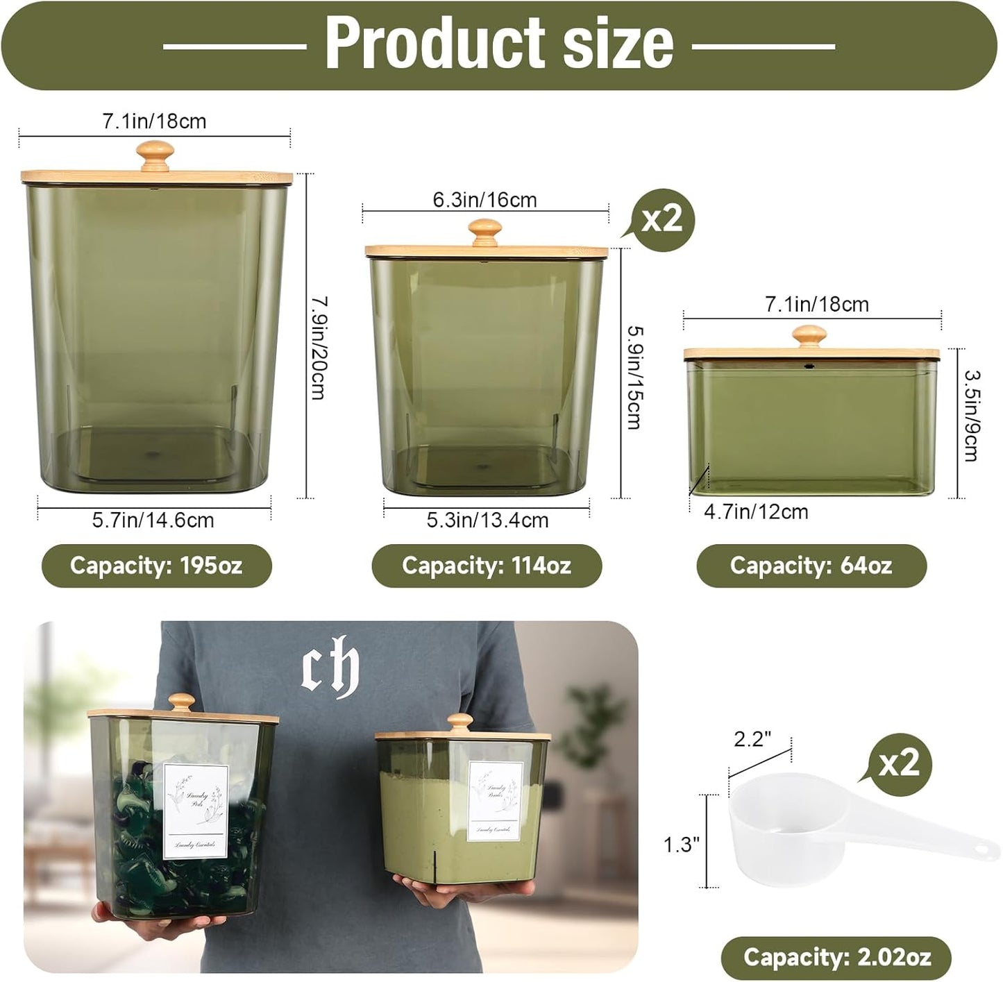 4 Pack Laundry Pods Container & Dryer Sheet Holder, Plastic Pod Holder with Lids & Scoops, Laundry Room Organization and Storage Sets for Powder, Detergent, Scent Booster