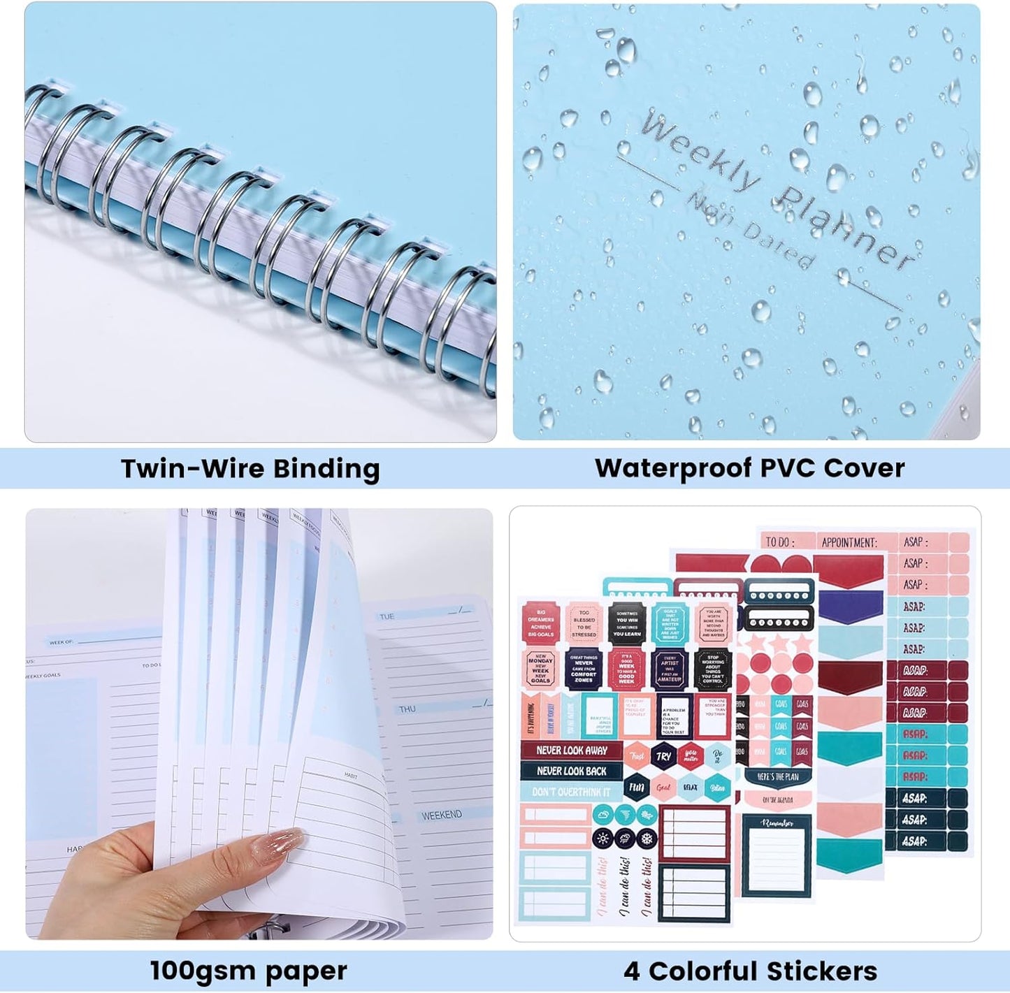 Undated Weekly Planner with Habit Tracker, 52 Weeks To Do List Notebook A5 Weekly Goal Planner with Spiral Binding & Stickers Home Work School Supplies for Women Girls 8.2" x 5.7" - Simple Style