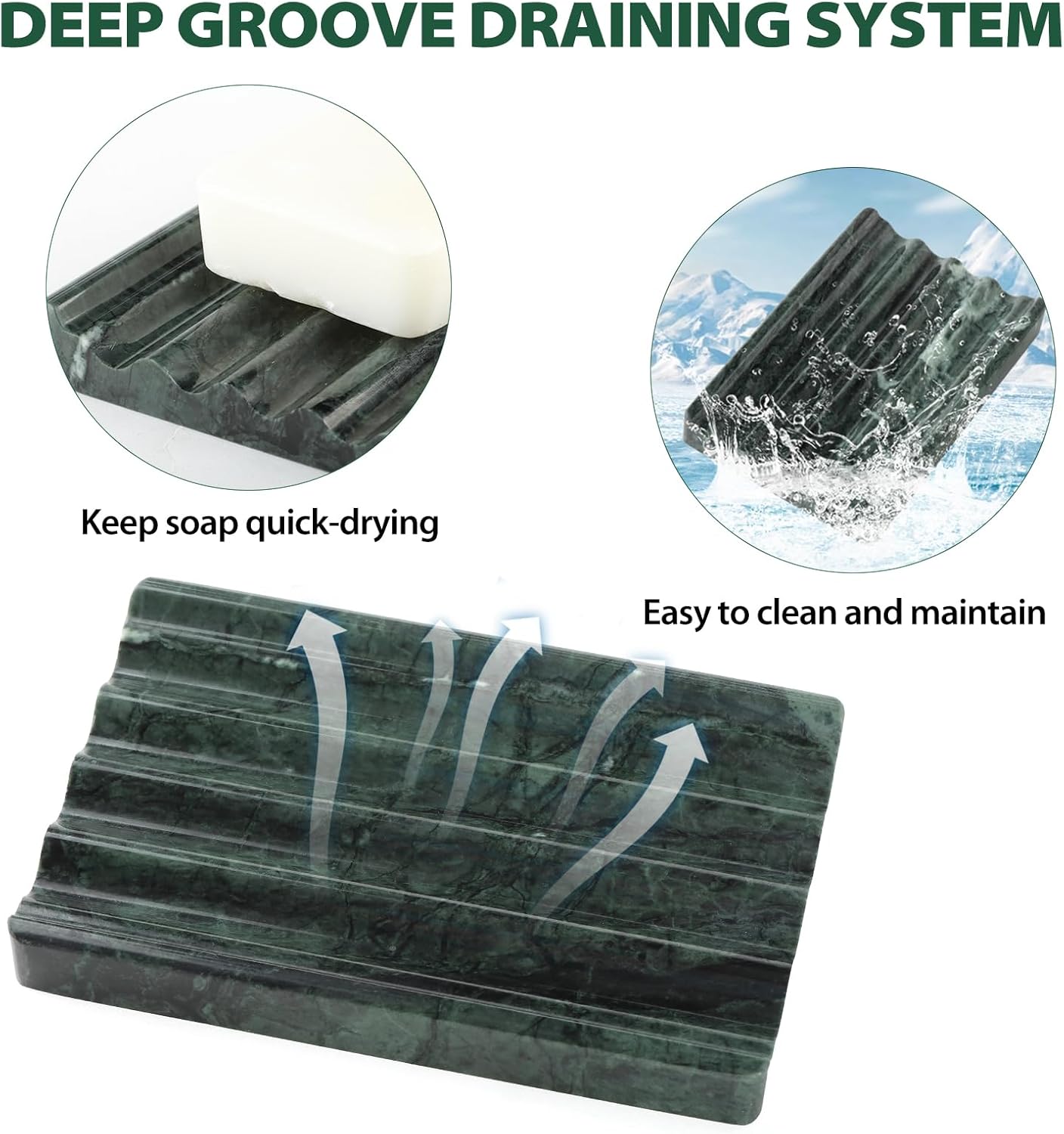 Koville Indian Natural Marble Soap Dish for Shower, Stone Soap Tray for Bathroom, Bar Soap Holder for Sink, Stripe Grooves Saver Sponge Holder Keep Soap Bars Dry Easy Clean (Verde Alpi)