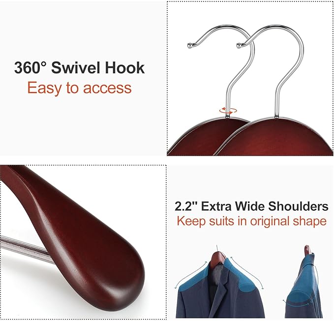 TOPIA HANGER Wide Shoulder Wooden Hangers, Suit Hangers with Non Slip Pants Bar & 360° Swivel Hook, Solid Wood Heavy Duty Coat Hanger, 6 Pack (Matte Cherry)-CT02C