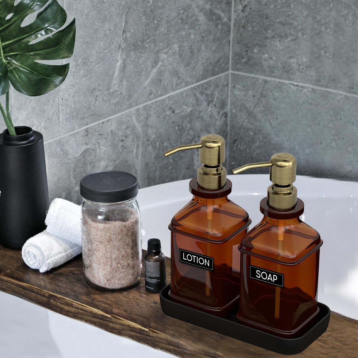 Soap Dispenser - 2 Pack, Antique Design Thick Amber Glass Hand Soap Dispensers with Sturdy Tray; 304 Rust Proof Stainless Steel Black Pump, 12Pcs Stickers, for Kitchen, Bathroom - Brushed Gold