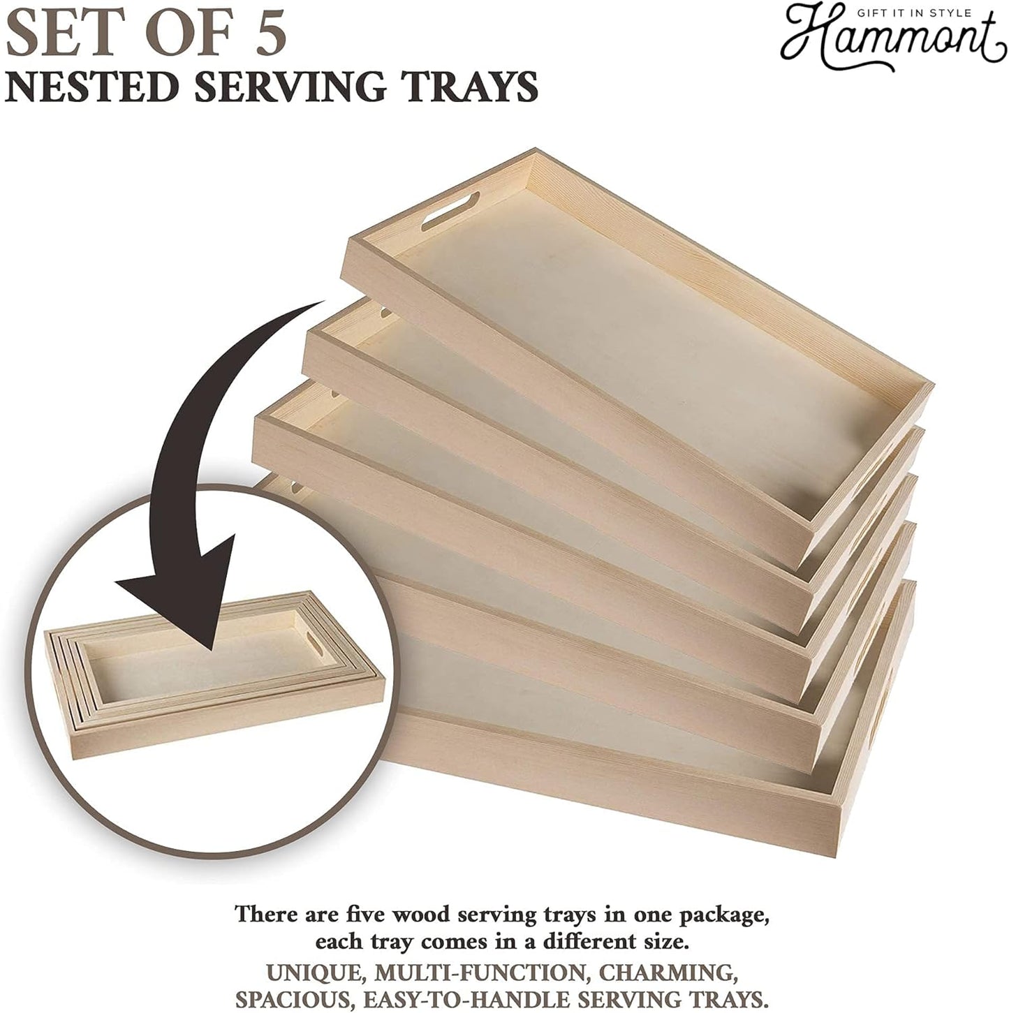 Hammont Wood Serving Tray Set with Handles - 5-Piece Nested Breakfast Trays for Food, Party Buffet, Organizing, and Montessori - Versatile Wooden Trays for Serving, Catering, and Bathroom Use