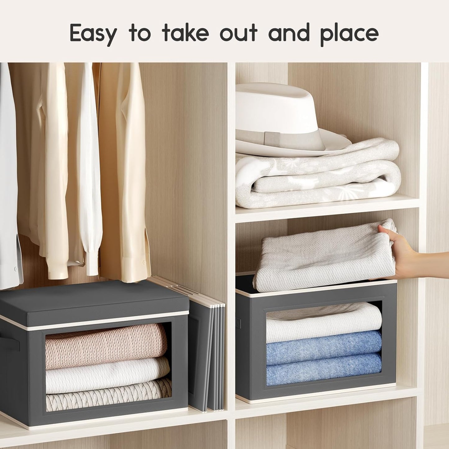 Collapsible Storage Bins with Lids - Stackable Storage Containers with Window, 6 Pack Fabric Cube Bins for Closet, Home & Office Organization Baskets, Dark Gray, 14.9" x 9.8" x 9.8"