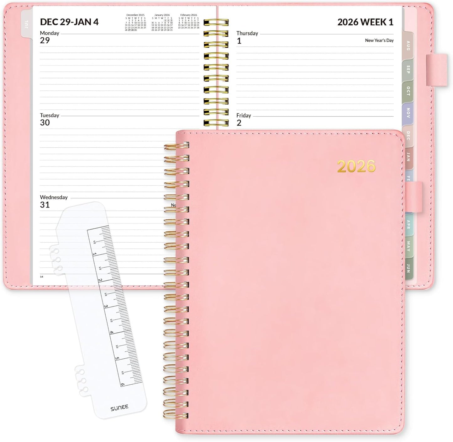 SUNEE 2026 Weekly & Monthly Planner 6.4"x8.5"- 12 Month (January 2026 - December 2026), Vegan Leather Cover, Pocket, Bookmark, Notes, Monthly Tab, Peach Pink