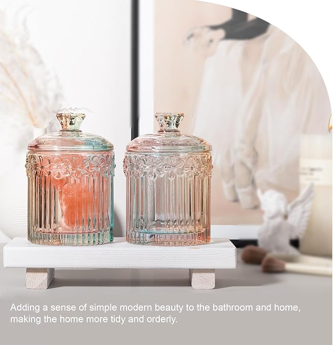 rejomiik 2 Pack Qtip Holder Glass Apothecary Jars with Lids Set Bathroom Canisters Dispenser Organizers and Storage for Cotton Swabs, Balls, Pads, Floss Picks, Candy, Rainbow