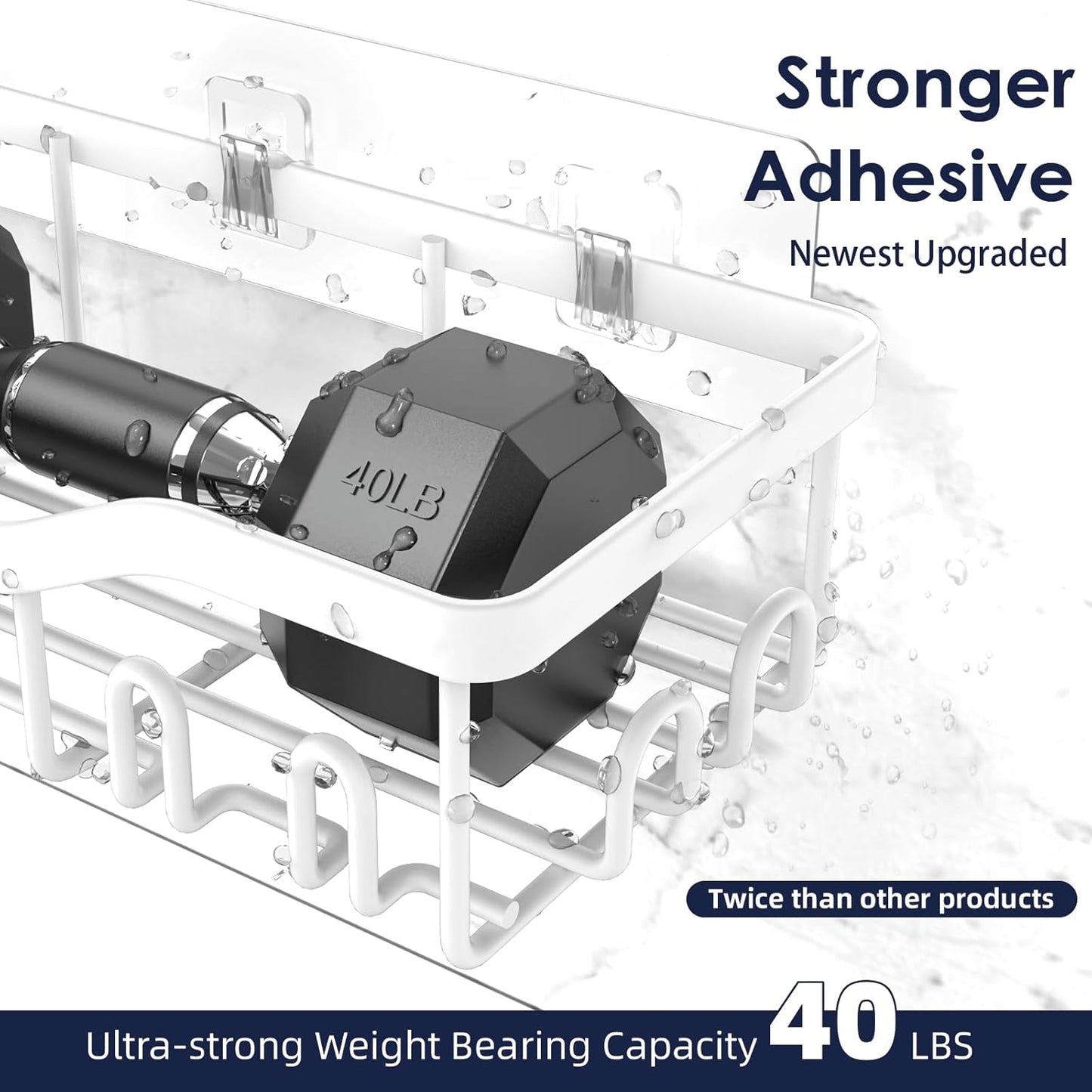 Shower Caddy Adhesive Shower Organizer 7-Pack, Rustproof Stainless Steel Bathroom Shelves, Large Capacity No-Drill Rack Storage Accessories with Soap Dish Toothbrush Holder Hooks (White)