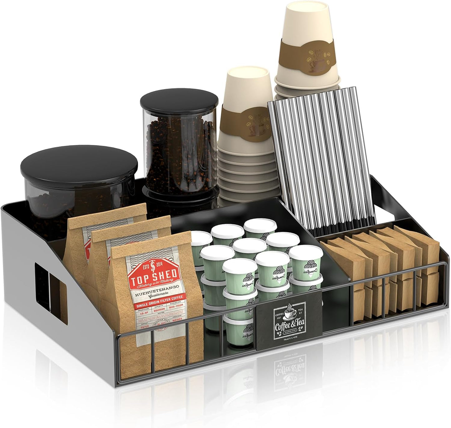 Metal Coffee Station Organizer for Countertop - Coffee Bar Organizer with Designable DIY Logo, K Cup Pods Holder & Tea Condiment Storage - Rustic Breakroom Kitchen Decor in Balck （1 Pcs）