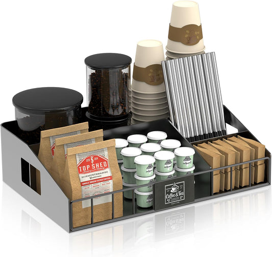 Metal Coffee Station Organizer for Countertop - Coffee Bar Organizer with Designable DIY Logo, K Cup Pods Holder & Tea Condiment Storage - Rustic Breakroom Kitchen Decor in Balck （1 Pcs）