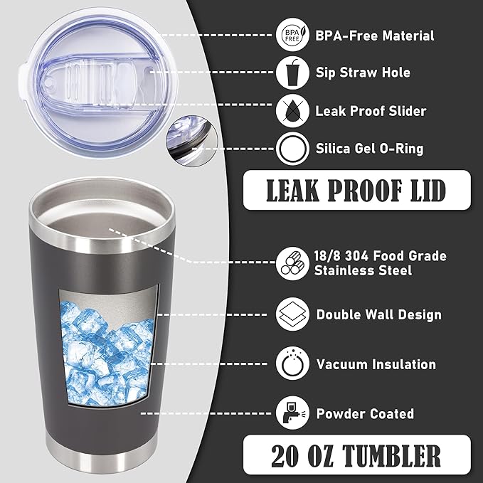 20 oz Tumbler Coffee Travel Tumblers Bulk with Lid Stainless Steel Double Wall Vacuum Insulated Mug Powder Coated Cups fit Car Cupholder for Hot and Cold - Grey, 1Pack