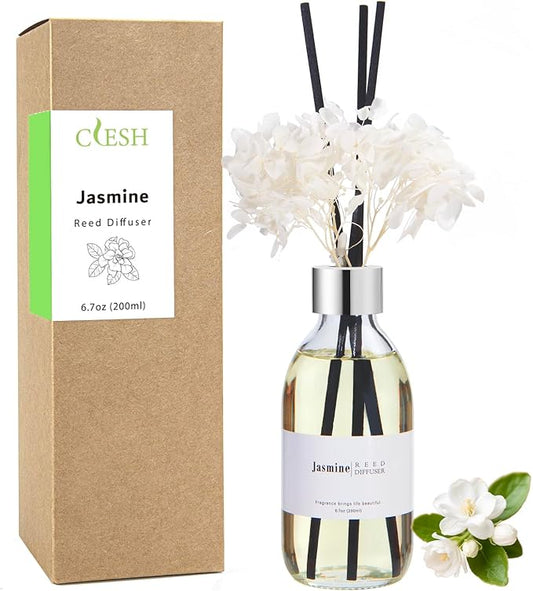 Clesh Reed Diffuser Set, 6.7 oz Jasmine Scented Diffuser with Sticks, Home Fragrance Reed Diffuser for Bathroom Shelf Decor