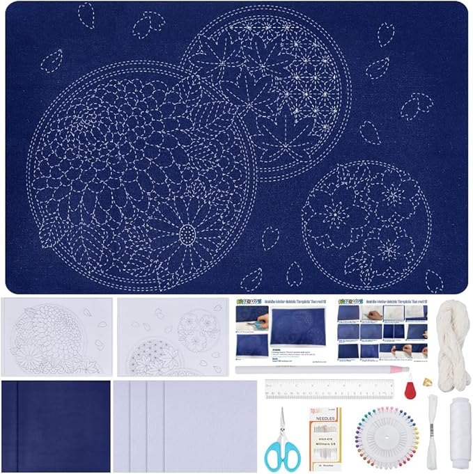 FREEBLOSS Sashiko Tea Mat Kit DIY Sashiko Kit with Template Sashiko Stencils Kit Sashiko Water Soluble Template Tea Mat Sashiko Kit for Beginner DIY Sashiko Kit for Adults