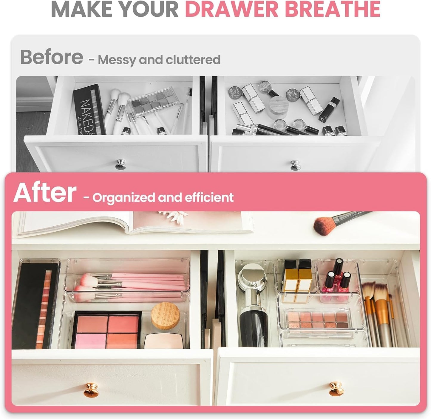 HOUSE DAY Makeup Drawer Organizer Trays 17 PCS, 4-Size Clear Drawer Organizers with Silicone Pads, Vanity Organizers and Storage, Non Slip Plastic Drawer Organizer for Desk, Bathroom, Kitchen, Office