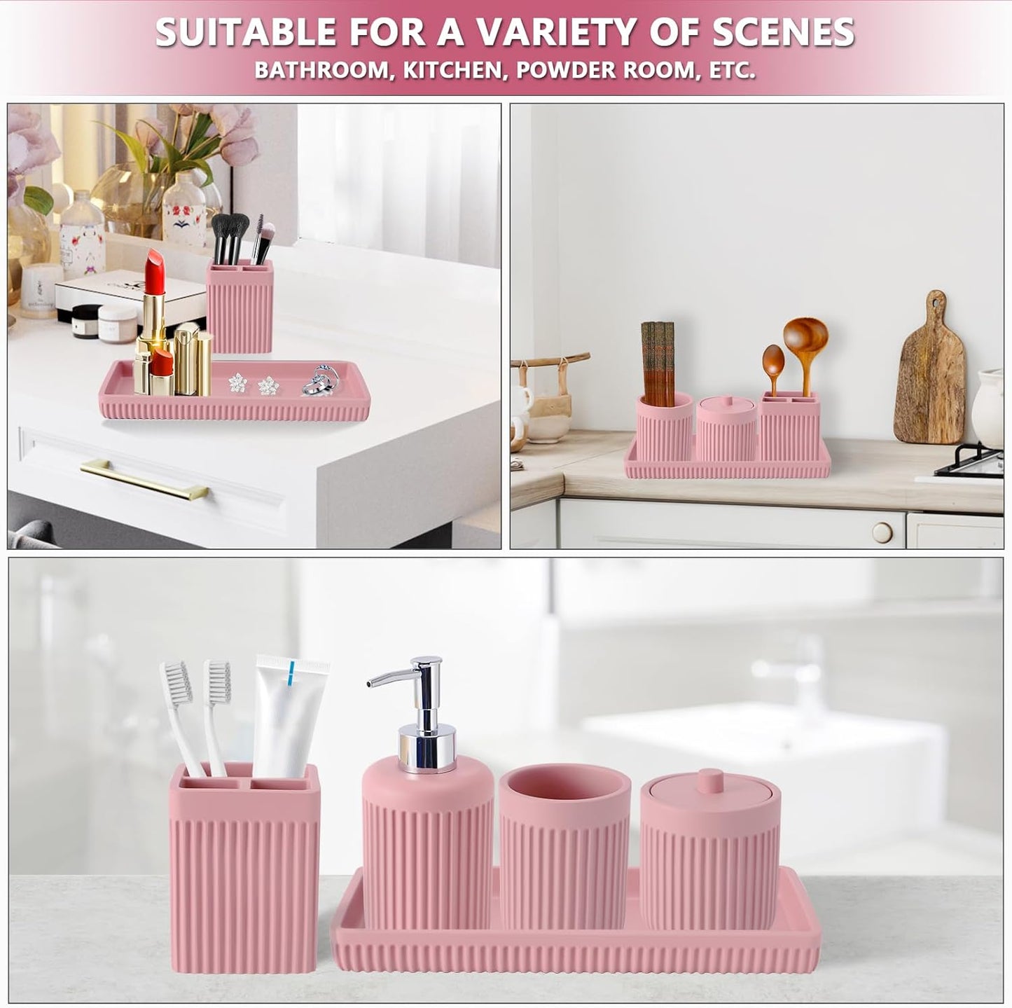 Resin Pink Bathroom Accessories Set 5 Pcs, Lotion Soap Dispenser, Toothbrush Holder, Bathroom Tumbler, Qtip Holder and Vanity Tray, Bathroom Countertop Organizer Set for Modern Home Apartment