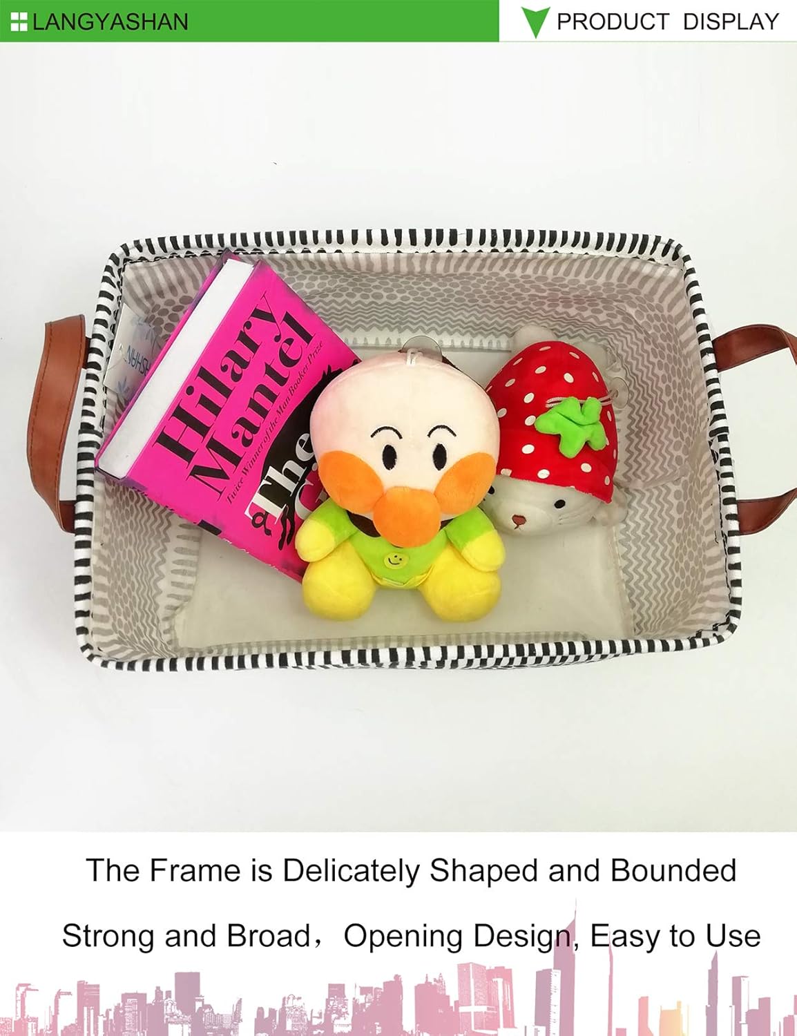 LANGYASHAN Rectangular Storage Bin Collapse Canvas Fabric Cartoon Storage Basket with Handles for Organizing Home Kitchen Boys and Girls Toys Office Closet Shelf Baskets (Rec Black line)