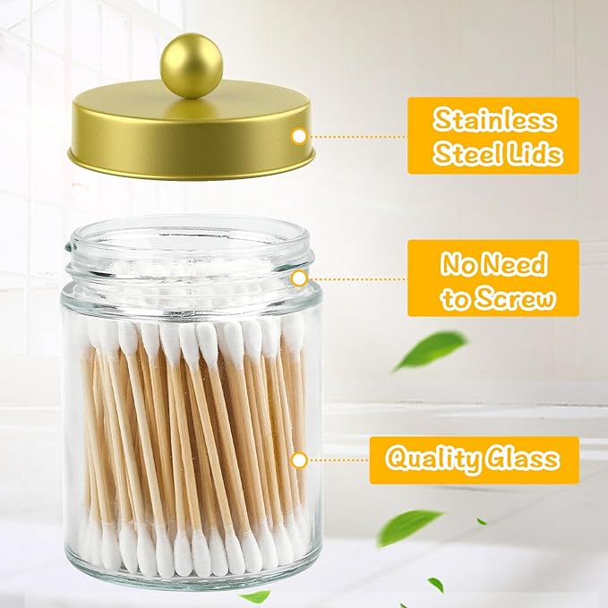 2 Pack Glass Apothecary Jars with Lids for Bathroom, Cute Qtip Holder, Gold Bathroom Accessories Set, Small Bathroom Canisters with Lids for Q-Tips, Cotton Swabs, Gold Bathhouses Decor