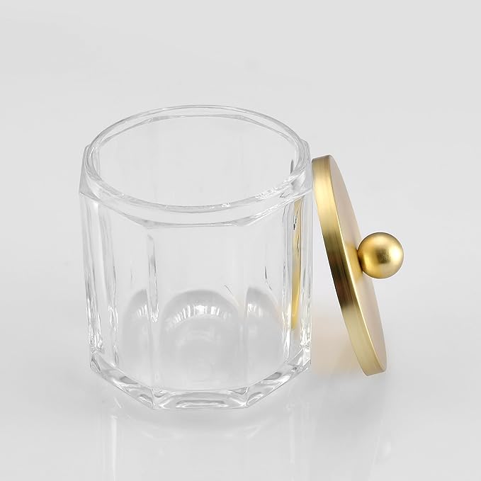 Clear Transparent Apothecary Octagional Shaped Glass Canister Jar With Gold Metal Lid Cover for Bathroom Organization, Cotton Balls, Q Tips, and Small Accessories, Bathroom Storage