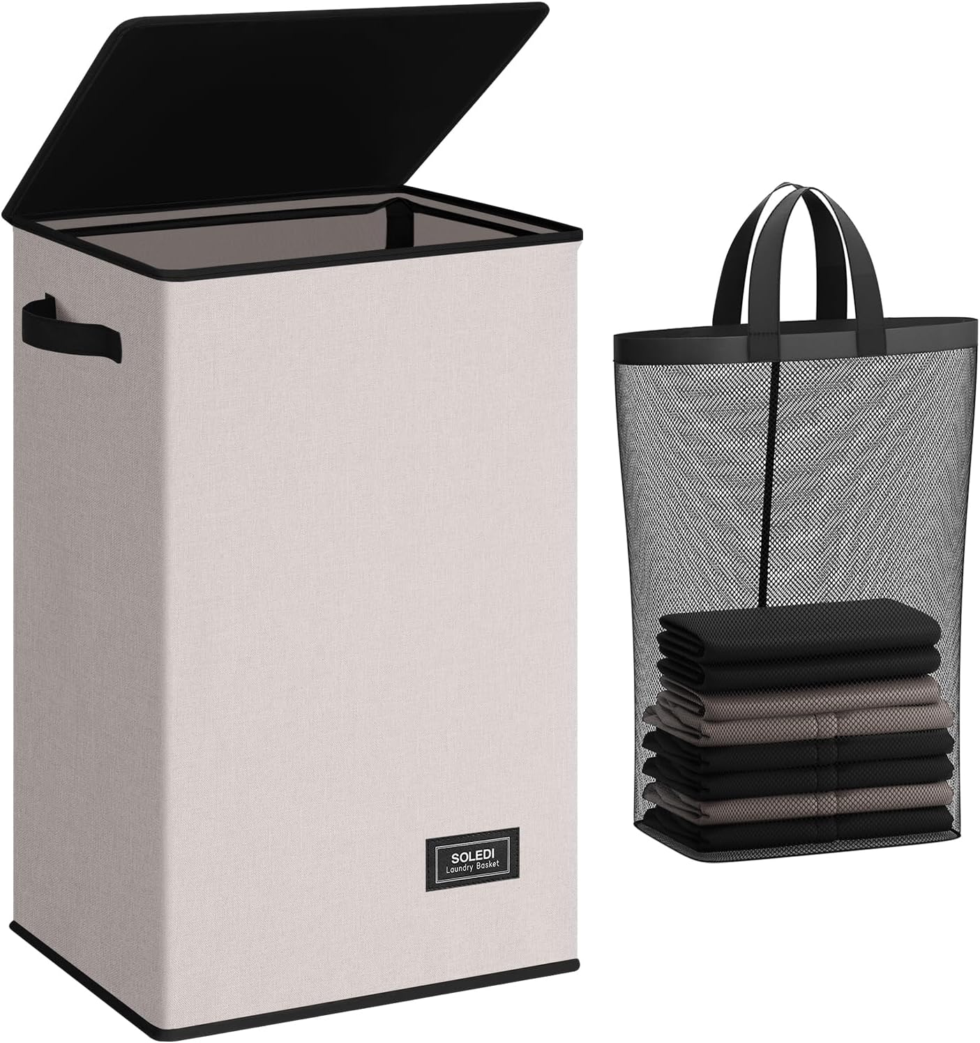 SOLEDI Laundry Hamper with Lid 90L Large & Tall Collapsible Laundry Basket, Clothes Hamper with Bag Removable Easy to Carry, Dirty Hampers for Bedroom, Bathroom, Dorm, College, Light taupe