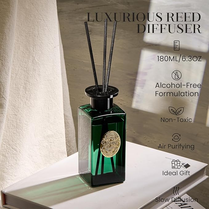 M&SENSE 6.3 oz Large Reed Diffuser Set | Evergreen Pine Scent Oil Diffuser with Sticks | Hotel Collection Non-Toxic Essential Oil |for Bedroom Bathroom Living Room