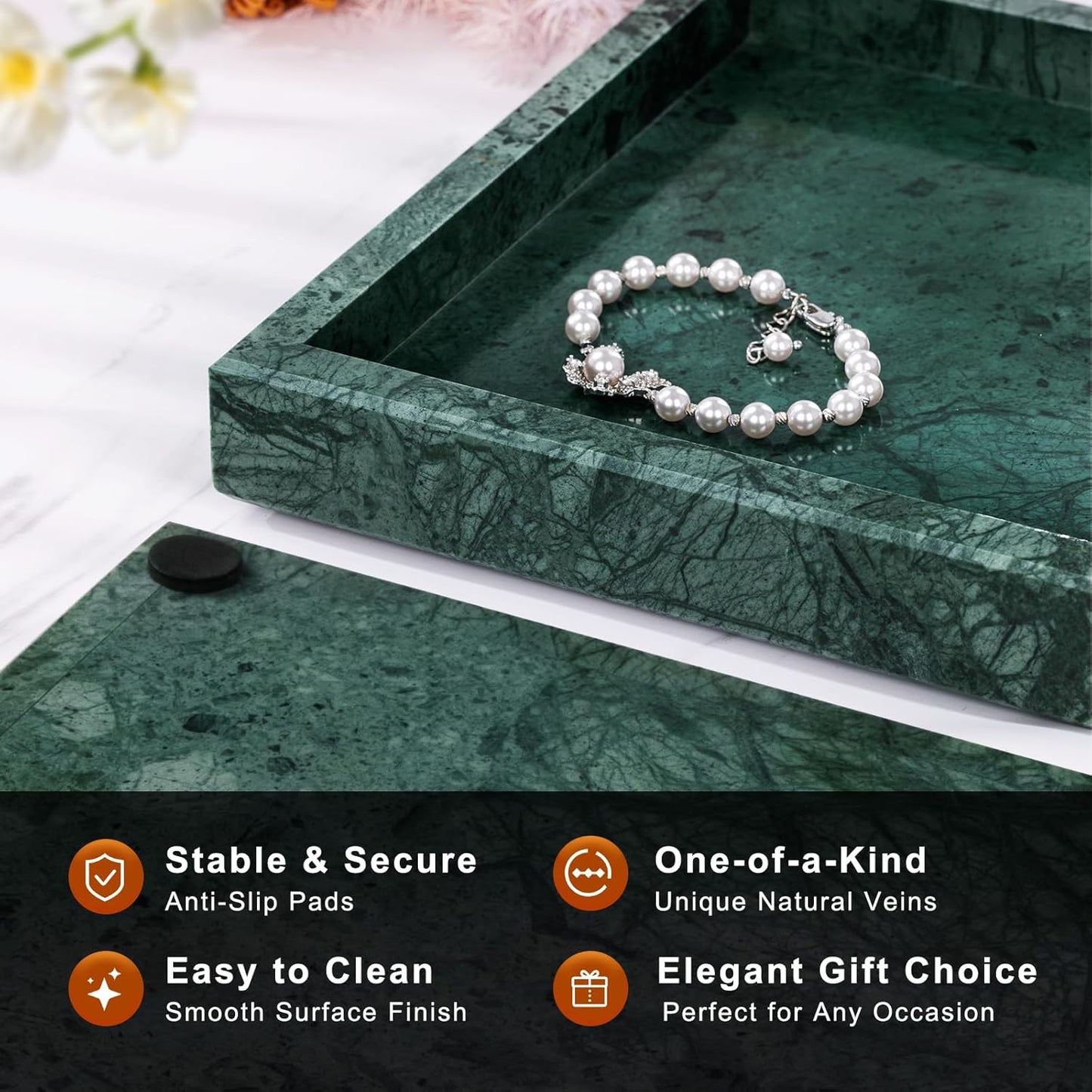 Marble Bathroom Tray for Countertop & Home Decor, Natural Decorative Marble Tray for Jewelry & Perfume Organizer, Luxury Stone Vanity Trays for Dresser, Kitchen Counter, 12" x 8", Green