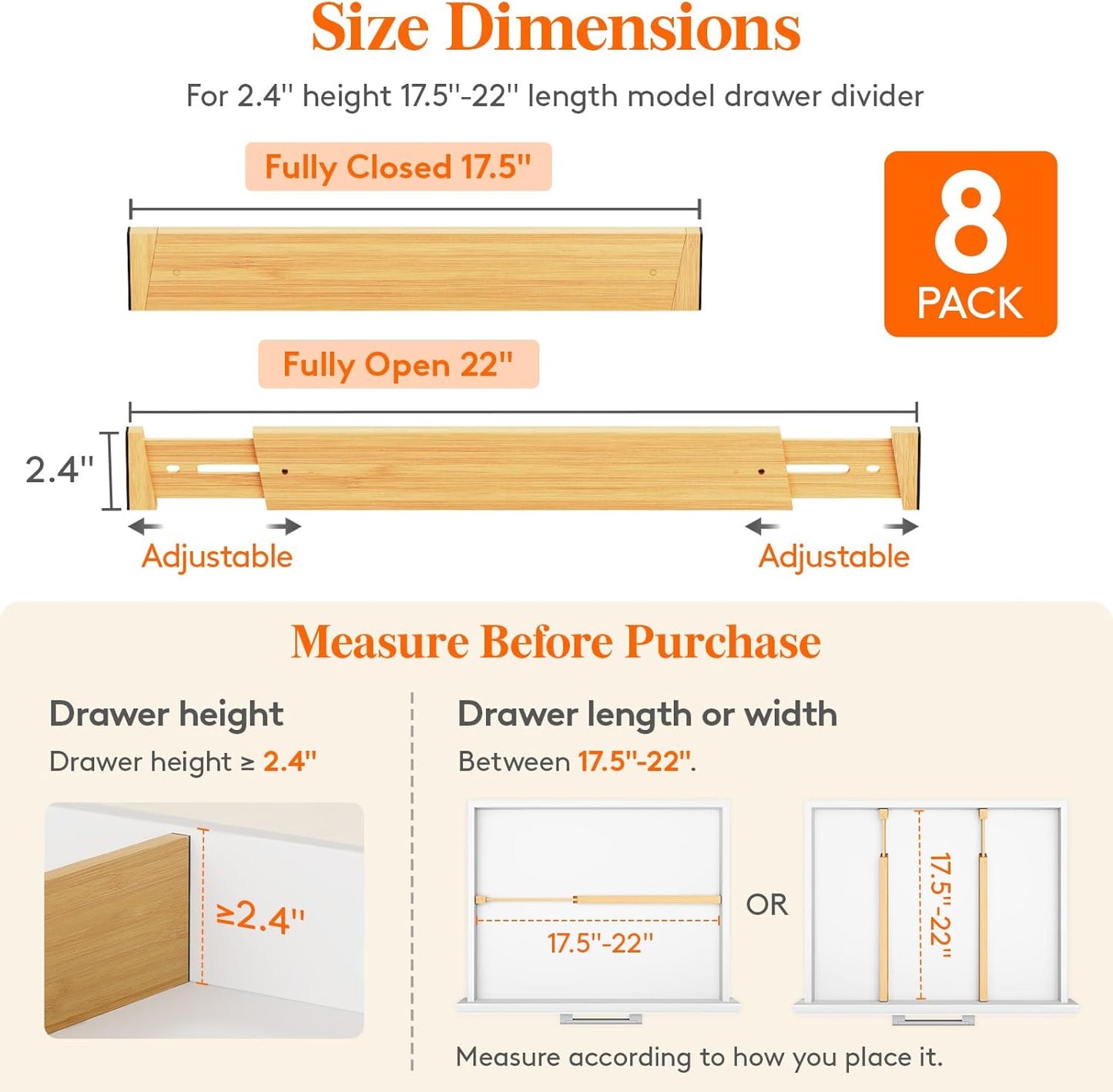 Lifewit 8 Pack Bamboo Drawer Dividers 2.4" High, 17.5-22" Kitchen Drawer Organizers, Adjustable Wooden Drawer Dividers for Clothes, Expandable Drawer Separators for Dresser, Bedroom, Bathroom, Cabinet