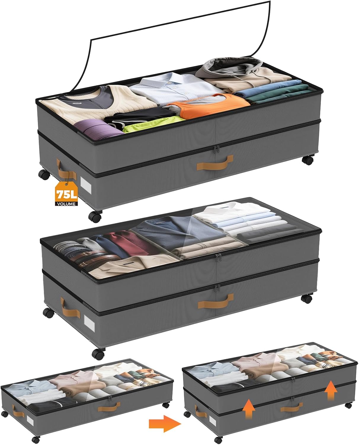 Under Bed Storage with Wheels 2-Pack, 75L XXL Under the Bed Storage Containers Large, 12" Tall Adjustable Storage for Underbed with Lids, Rolling for Shoes, Clothes, Blankets (Grey)