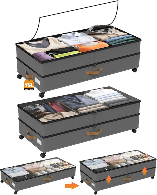 Under Bed Storage with Wheels 2-Pack, 75L XXL Under the Bed Storage Containers Large, 12" Tall Adjustable Storage for Underbed with Lids, Rolling for Shoes, Clothes, Blankets (Grey)