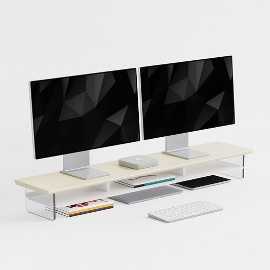 Dual‑Tier Monitor Stand for Modern Desk Setup – Minimalist Wooden and Metal Riser Shelf with Transparent Acrylic Feet for Dual Monitors, Laptops, Home Office Aesthetic，Beige and White