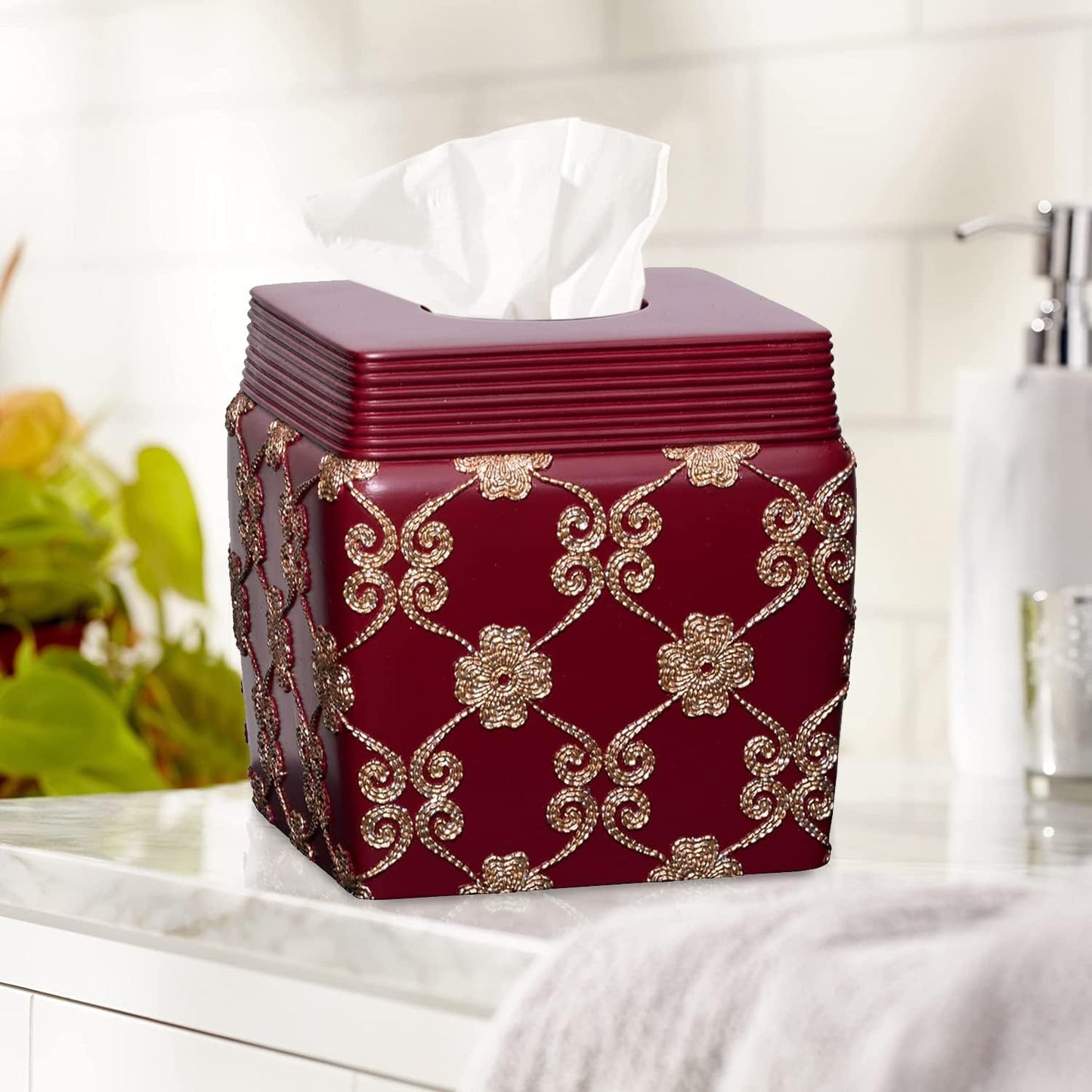 Zahari Home 2pc Elegant Rose Luxury Bathroom Accessories Set Modern Shower Basket & Tissue Box Classic Luxury Contemporary Decor Beautiful Unique Design Stylish Bathroom Accessories Set