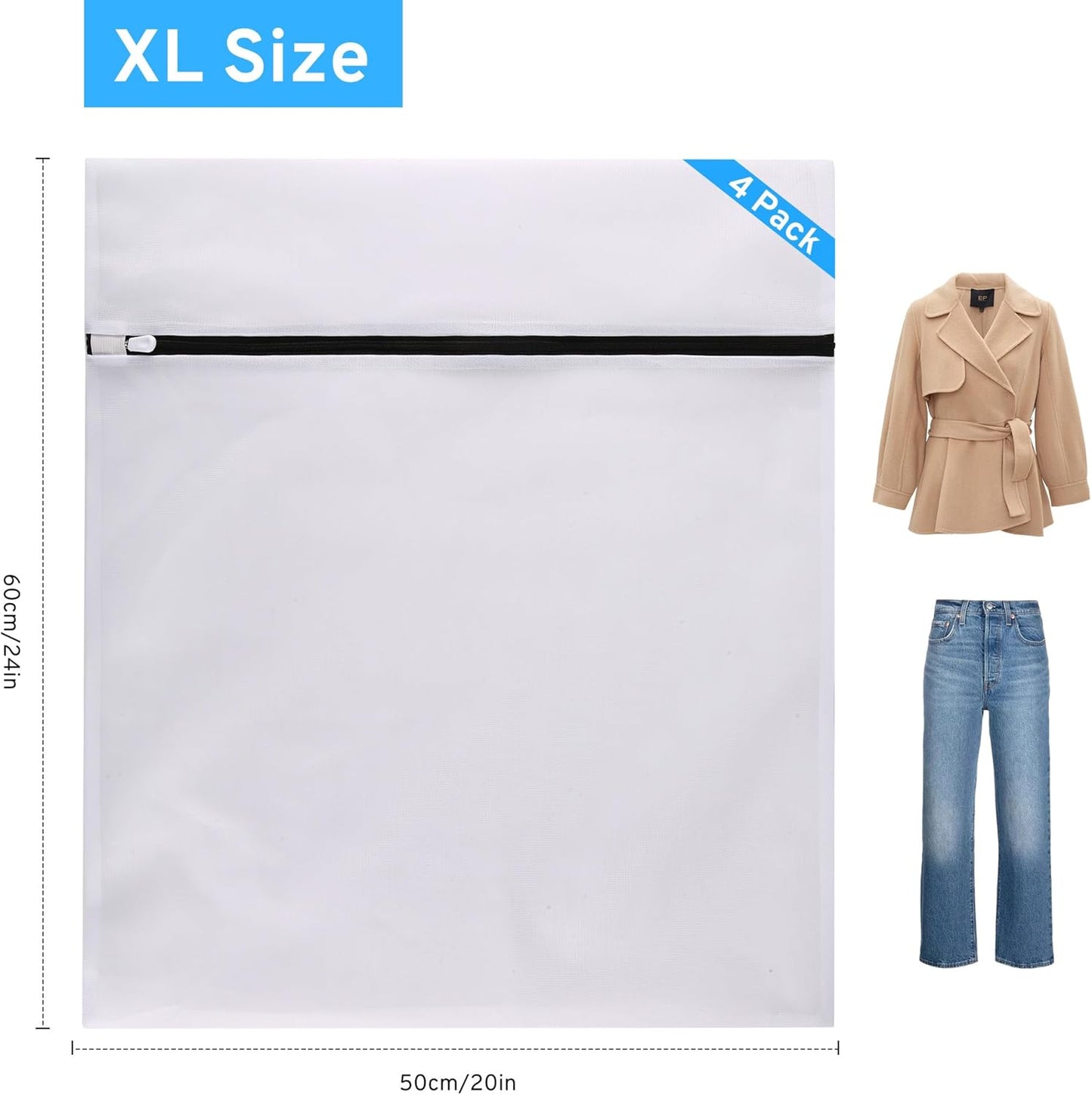 4 Pcs Mesh Laundry Bags Set for Delicates with AUTO-Lock Zipper, Lingerie Bags for Washing Delicates, Laundry Bags Mesh Wash Bags, Delicates Laundry Bag for Jeans,Blouse,Stocking,Bra(XL, 24" x 20")