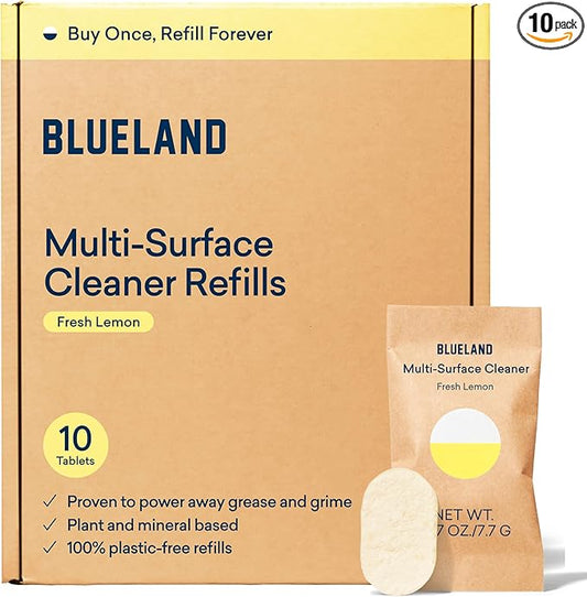 BLUELAND Multi-surface Cleaner, 10 Refill Tablets, Fresh Lemon Scent, All-Purpose, Eco-Friendly Cleaning Supplies, 10 x 24 Fl oz