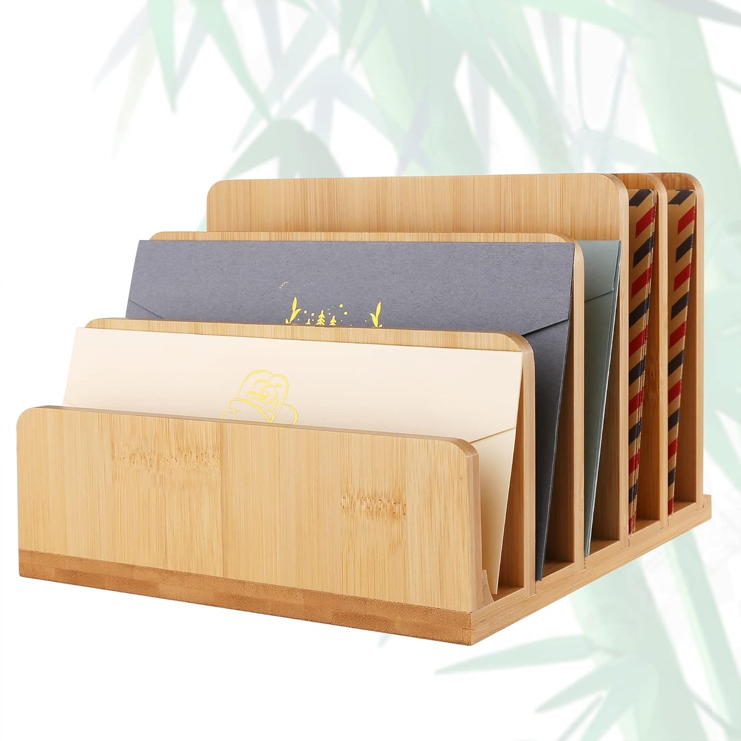Desk File Mail Organizer Countertop Mail Sorters, Bamboo Desktop Mail Holder, Wood File Paper Holder for Letter Envelope Filing Cell Phone Ipaid, Organizer Tray for Office & Home (5 Slots)