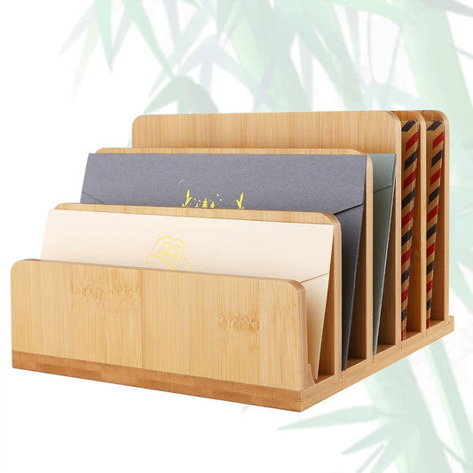 Desk File Mail Organizer Countertop Mail Sorters, Bamboo Desktop Mail Holder, Wood File Paper Holder for Letter Envelope Filing Cell Phone Ipaid, Organizer Tray for Office & Home (5 Slots)
