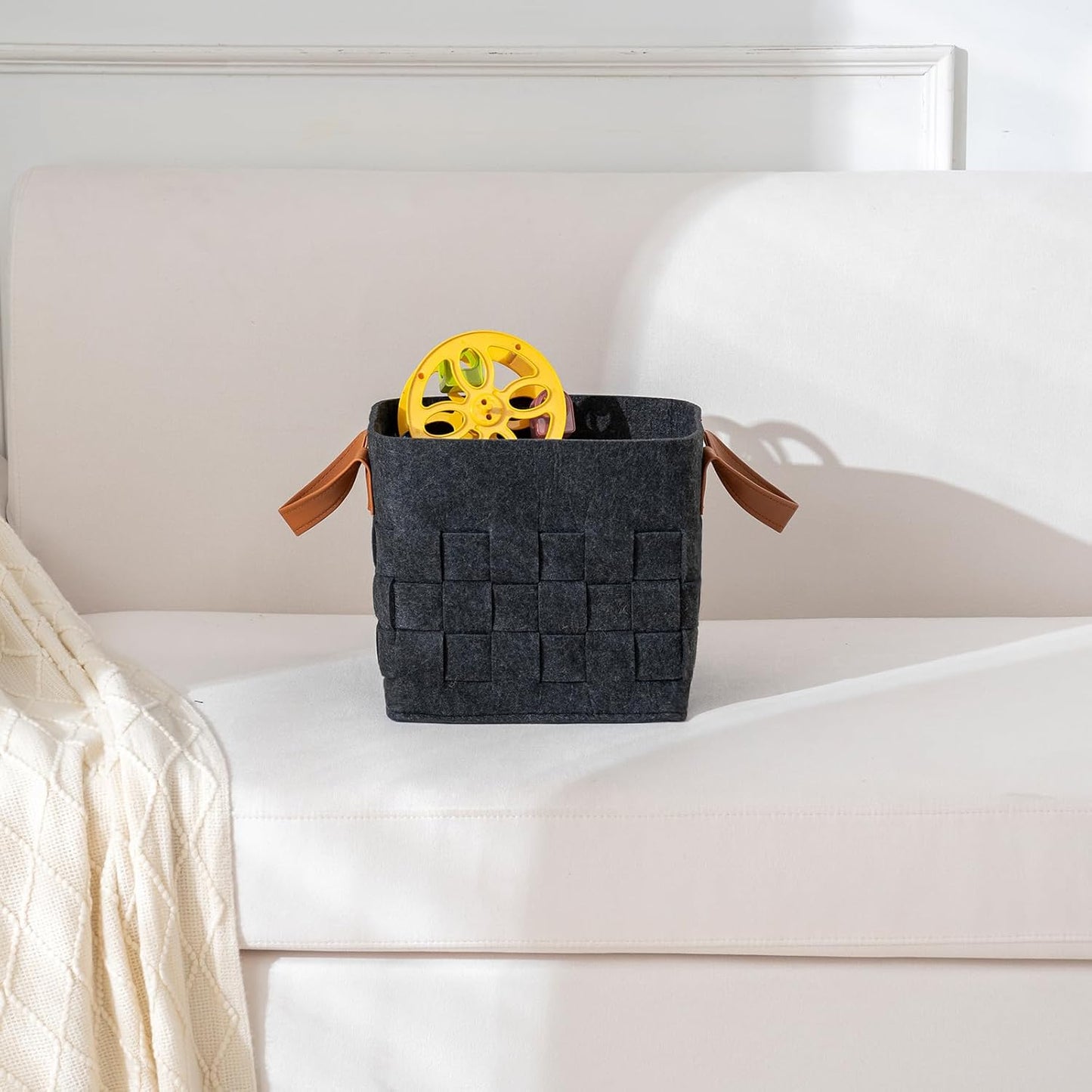 Bold monkey Storage Basket 3 Pack, Medium 10" x10" x10 " Baskets for Shelves with Leather Handle, Cube Felt Fabric Storage Box for Bedroom, Nursery, Living Room - Dark grey