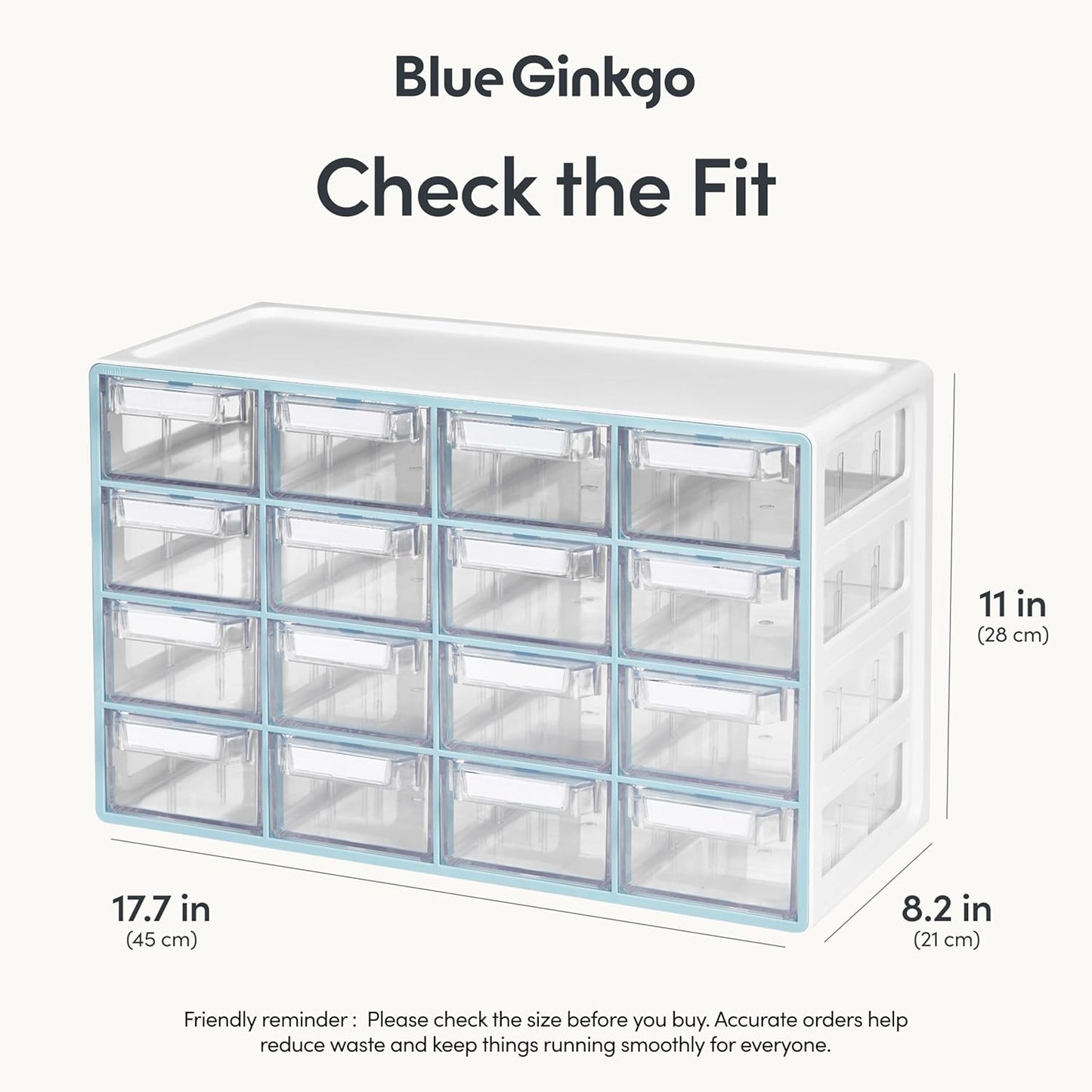 Blue Ginkgo Medium 16-Drawer Cabinet – Stackable Clear Organizer for Hardware, Beads, Plastic Bricks, Office, and Craft Storage (Made in Korea, Blue)