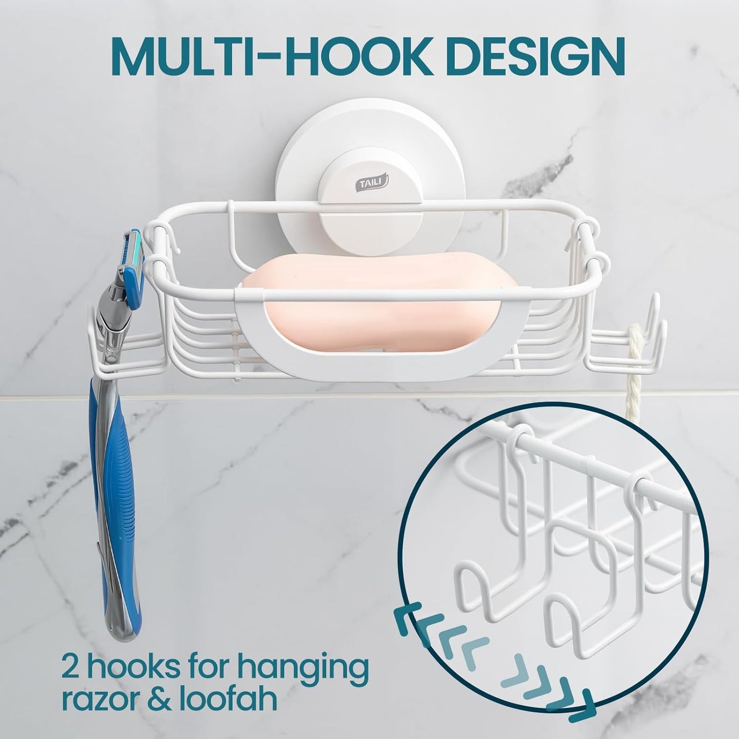 TAILI Soap Bar Holder Dish with Hooks, Shower Soap Tray Saver Suction Cup with Razor Holder for Wall, Rustproof Stainless Steel Bath Shampoo Caddy for Bathroom Accessories Organizer,Sink,White