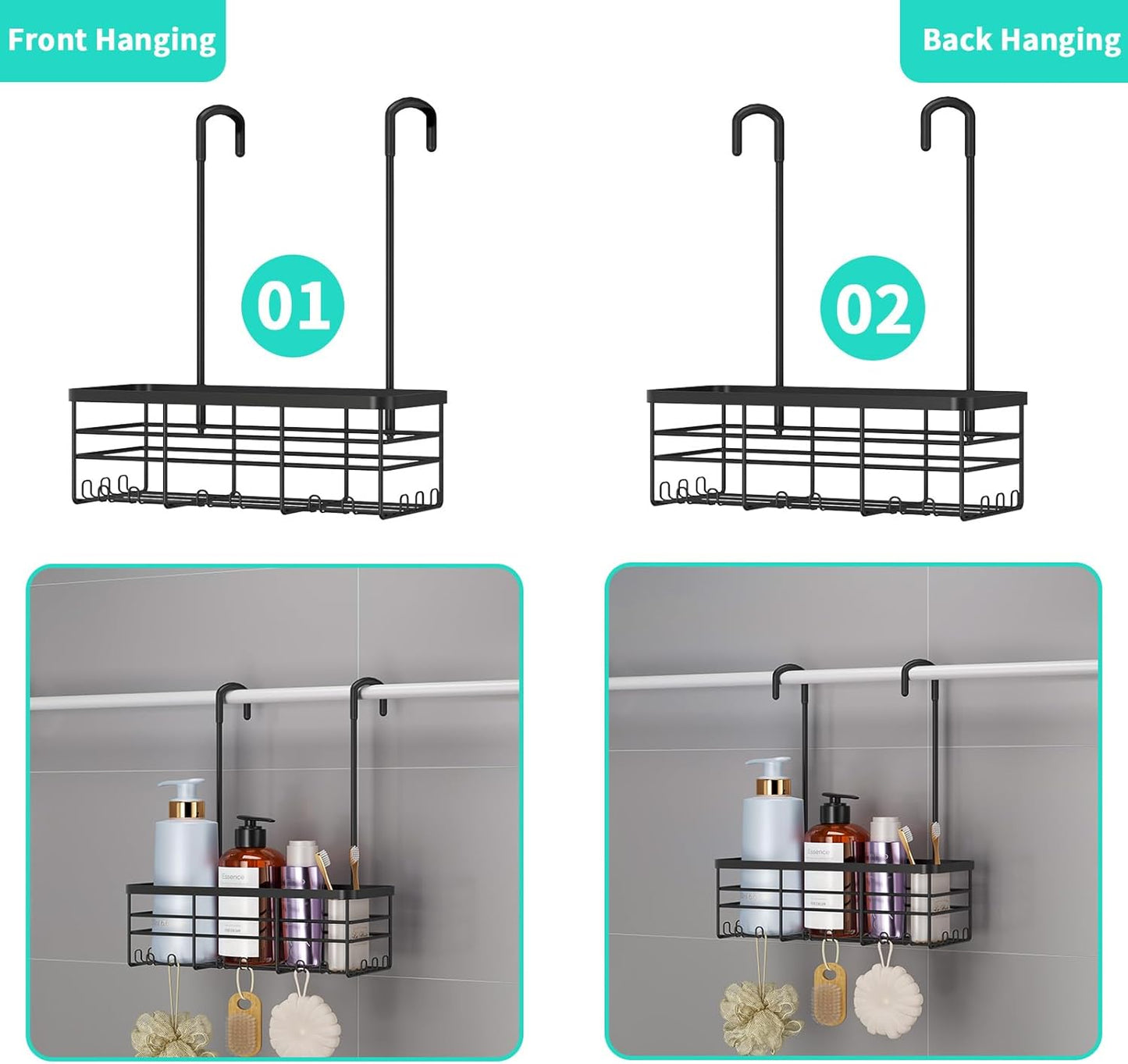 HapiRm Hanging Shower Caddy Organizer - No Drilling Shower Organizer with Hooks, Rustproof & Waterproof 304 Stainless Steel Bathroom Shelves - Black (1 Basket)