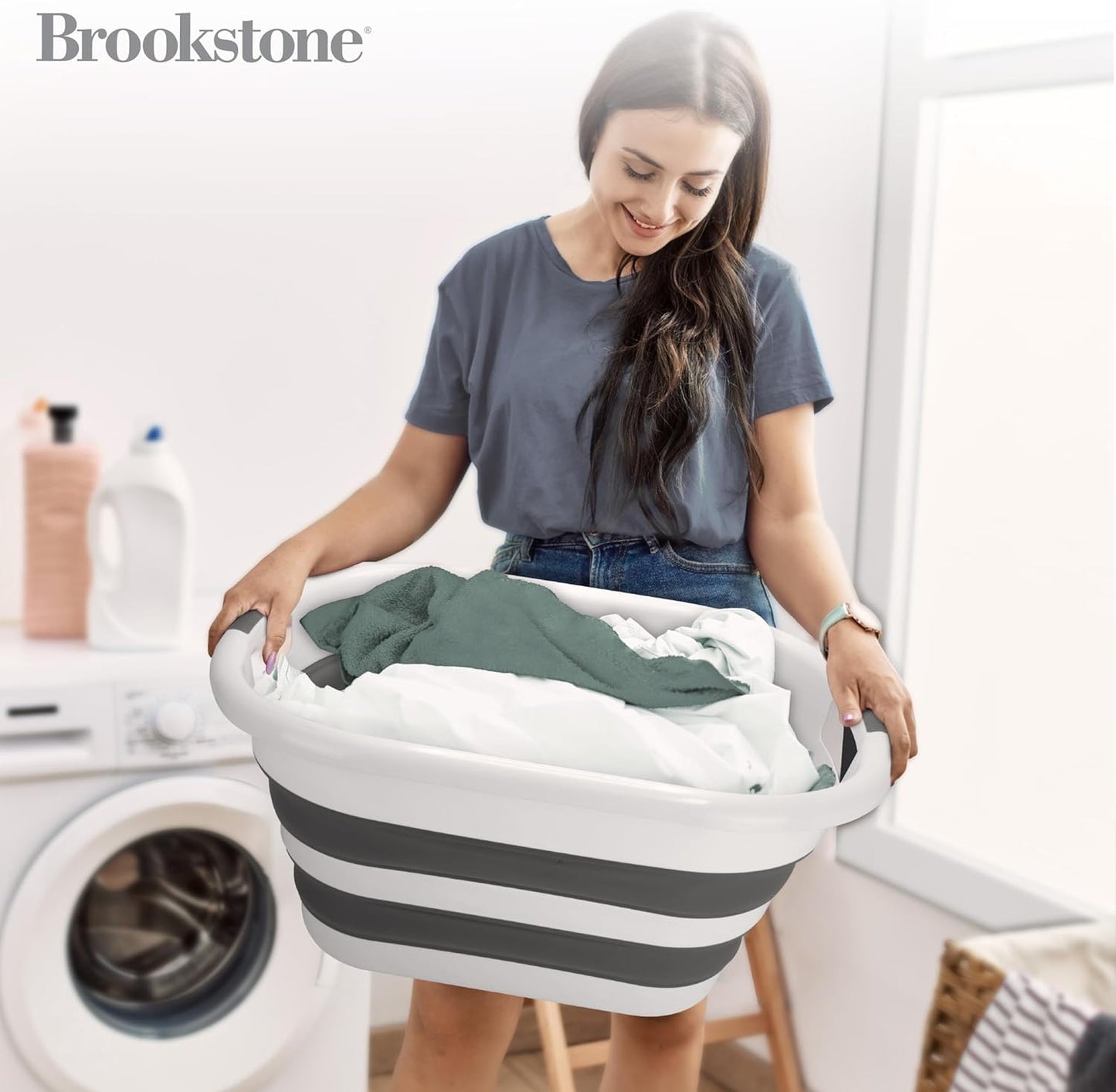 BROOKSTONE, Large Collapsible Laundry Basket [11 GALLONS] with Comfort Non-Slip Grip Handles, Minimalist Space Saving Design, Portable Pop-Up Hamper, [BPA FREE], White and Black