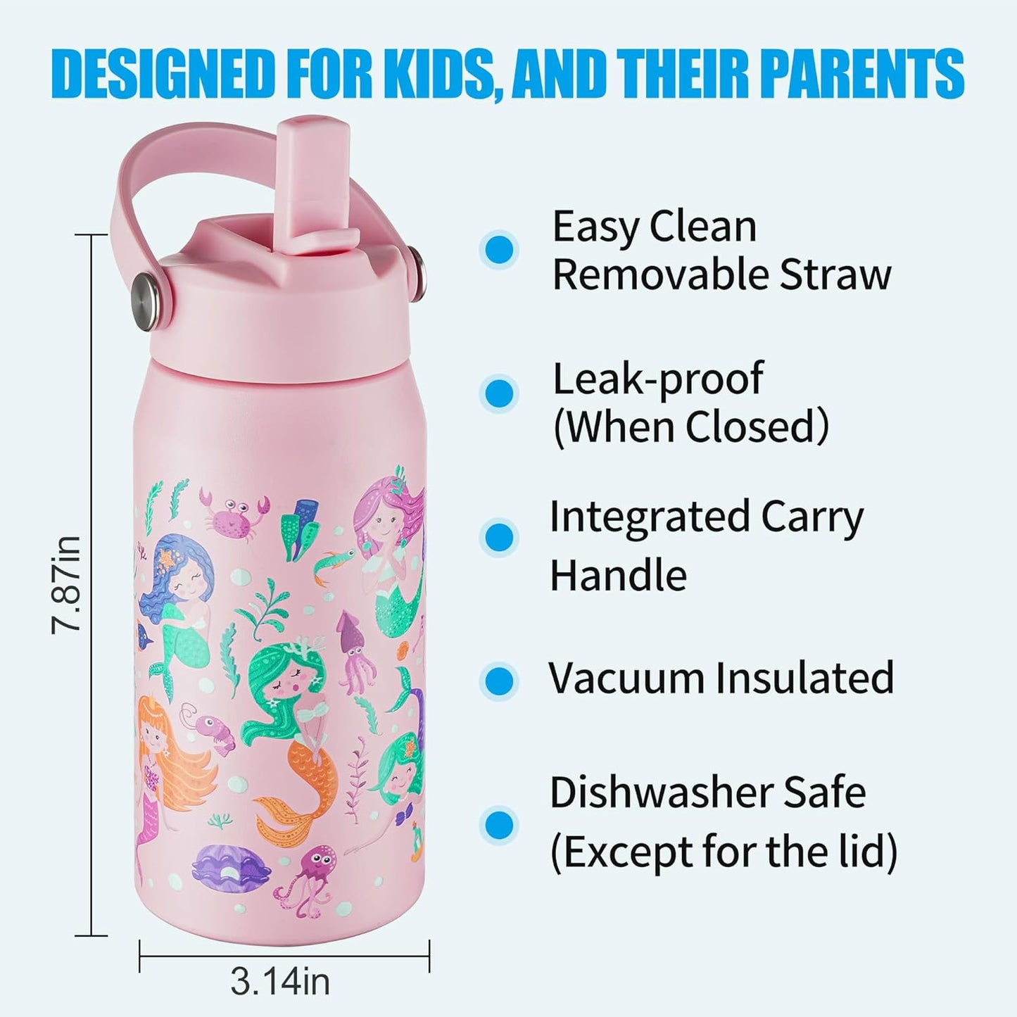 OLDLEY kids Water Bottle - 18oz Insulated Stainless Steel - Wide Straw Lid, Non Spill, Leakproof, Kids Water Bottle for School,Mermaid