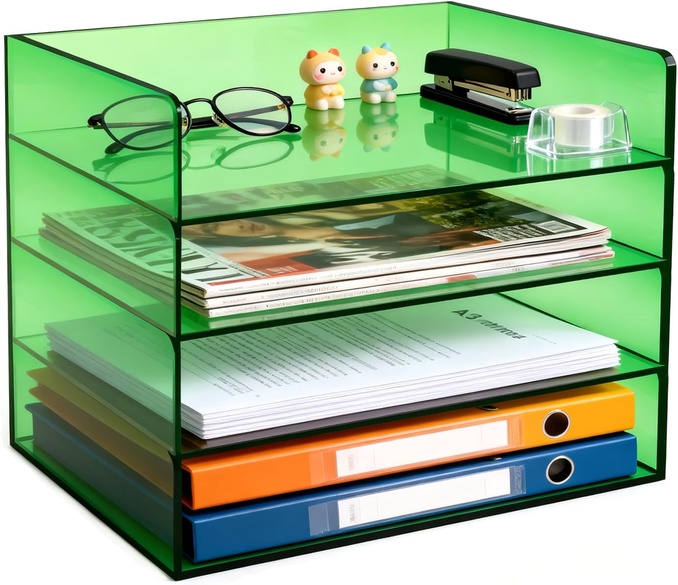 Acrylic File Organizer for Desk 4 Tiered Stackable Letter Tray Office Paper Storage Desktop Document Sorter, Emerald Green