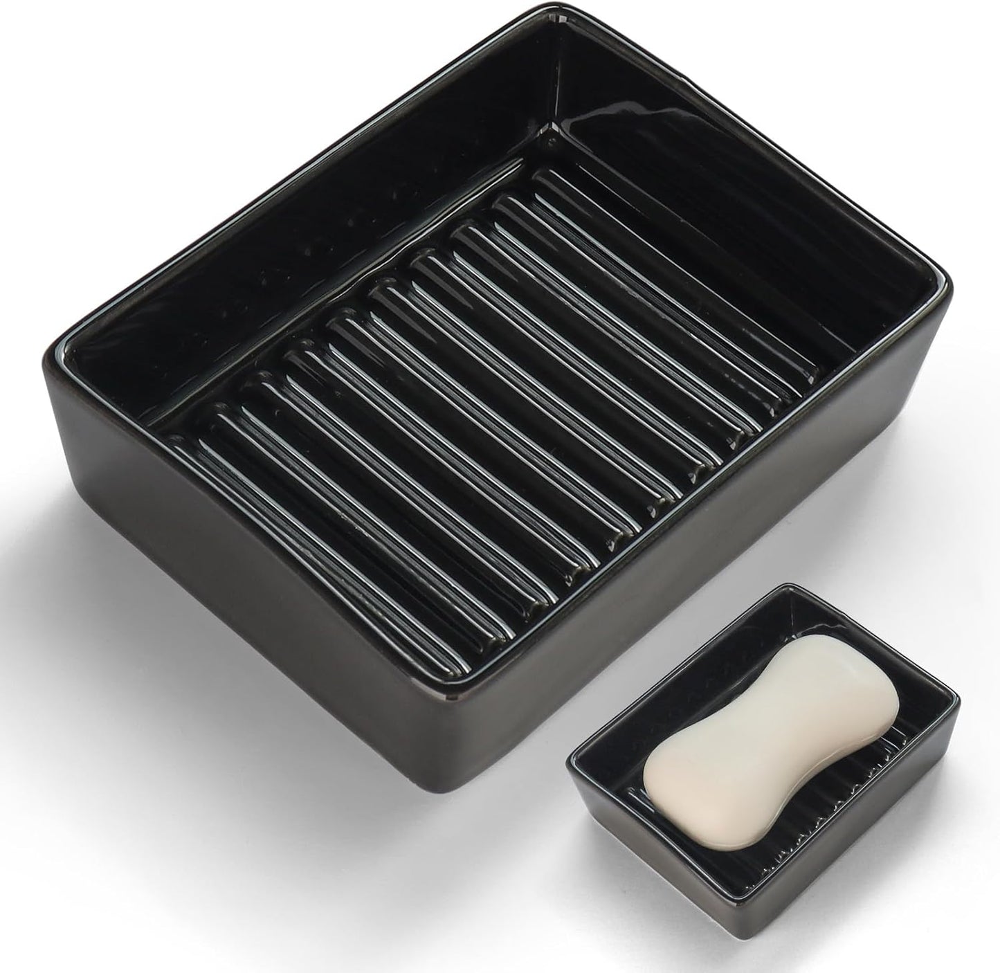 Black Ceramic Soap Dish, Minimalist Soap Holder with Higher Draining Ridges, Multi-Purpose Soap Bar Holder for Bathroom Sink, Shower, Kitchen, Easy to Clean