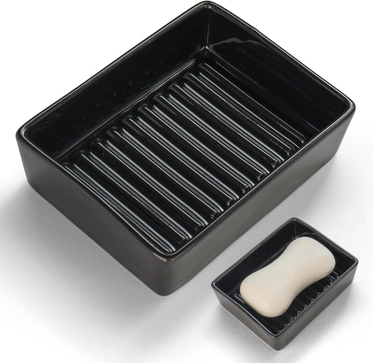 Black Ceramic Soap Dish, Minimalist Soap Holder with Higher Draining Ridges, Multi-Purpose Soap Bar Holder for Bathroom Sink, Shower, Kitchen, Easy to Clean