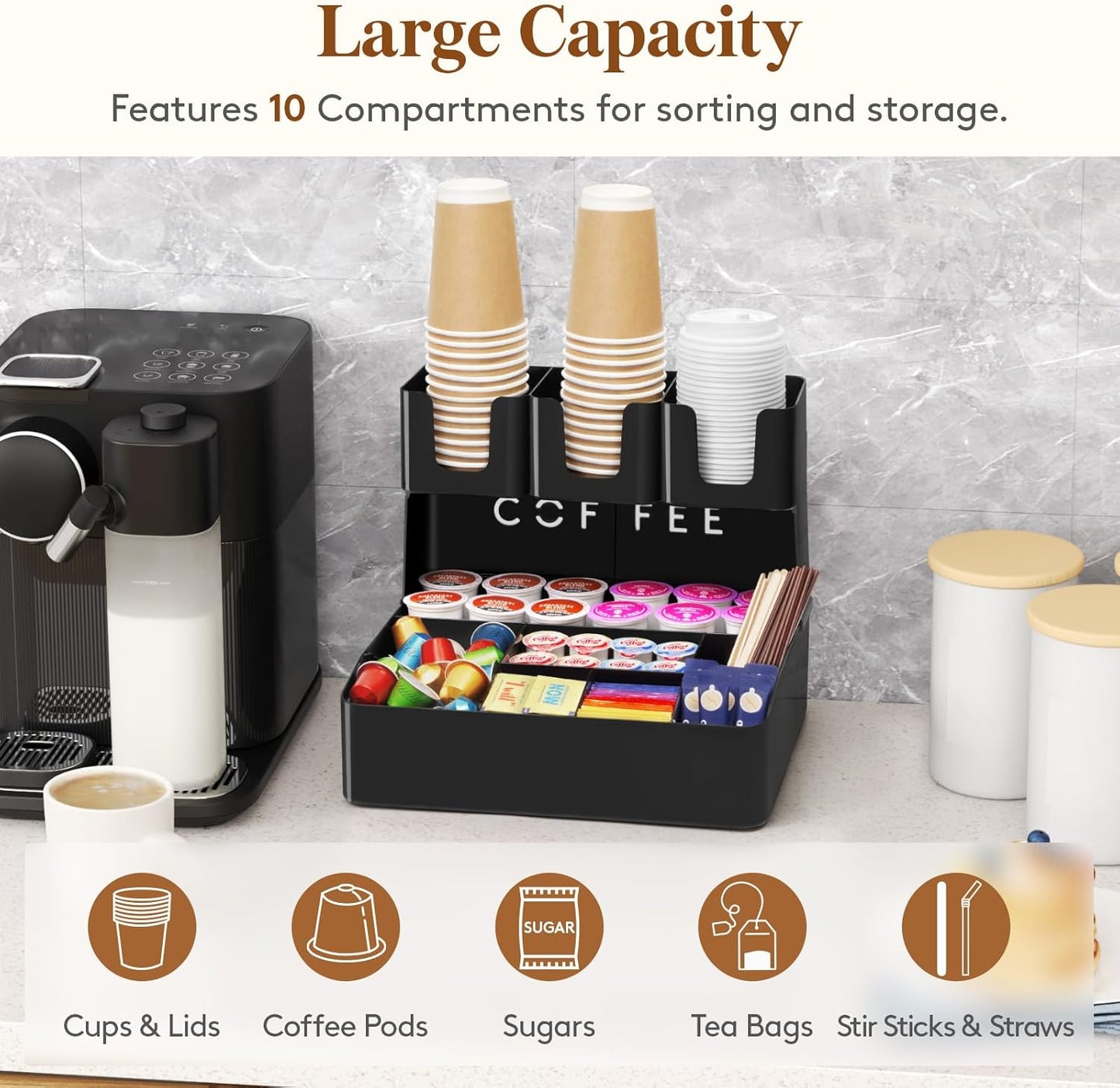 Lifewit 2-tier Coffee Station Organizer for Countertop, 10 Compartments, Tea Condiment Storage,Coffee Bar Organizer for Office Breakroom, Home Kitchen, Black