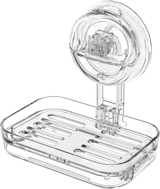 Soap Dish for Shower Clear Acrylic Soap Holder with Self-Draining Design No Drilling Required Strong Fixation for RV Bathroom and Kitchen Easy to Clean and Space Saving (Suction Cup)
