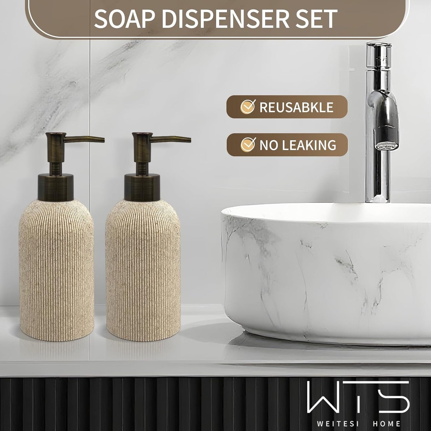 Hand Soap Dispenser for Bathroom and Kitchen Countertop, 10 oz Resin Soap and Lotion Dispensers Set with Plastic Rust Proof Pump, Boho Refillable Liquid Dish Soap Dispensers Bottle,Beige
