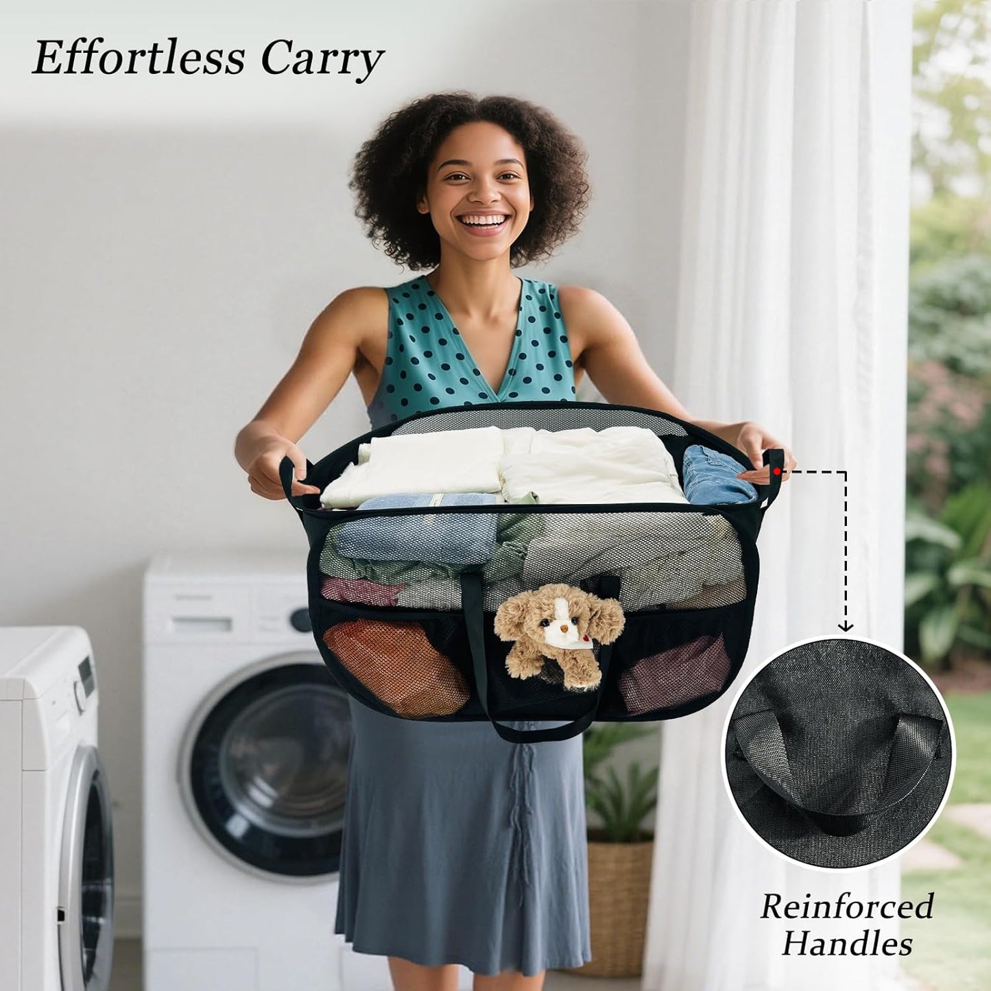 100L Extra Large Mesh Pop Up Hamper with Handles and bag,Upgraded Cationic XL Collapsible Laundry Baskets, Portable Stair Basket, Dirty Clothes Hamper for Cruise Travel Bedroom. Black